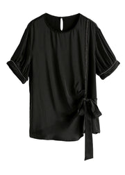 Plus Size Black O-Neck Drawstring Tie Waist Silk T Shirt Summer