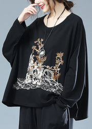Plus Size Black O Neck Embroidered Patchwork Cotton T Shirt Top Fall