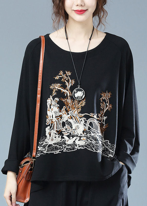 Plus Size Black O Neck Embroidered Patchwork Cotton T Shirt Top Fall