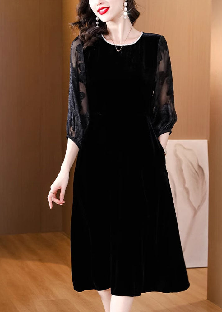 Plus Size Black O-Neck Embroidered Tulle Patchwork Silk Maxi Dresses Fall