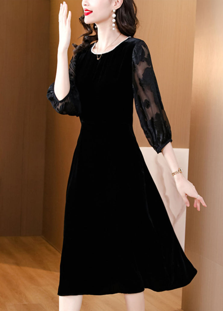 Plus Size Black O-Neck Embroidered Tulle Patchwork Silk Maxi Dresses Fall