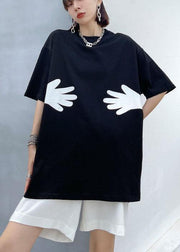 Plus Size Black O Neck Hug pattern Cotton Tee - SooLinen