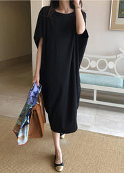 Plus Size Black O-Neck Linen Long Dress Batwing Sleeve