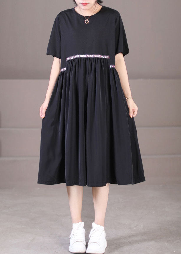 Plus Size Black O-Neck Oversized Letter Applique Pleated Dress Summer