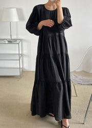 Plus Size Black O-Neck Patchwork Backless Cotton Maxi Dress Bracelet Sleeve