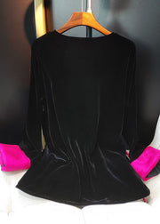 Plus Size Black O-Neck Patchwork Side Open Silk Velour Shirts Long Sleeve