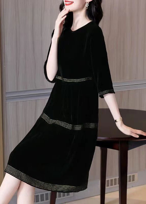 Plus Size Black O-Neck Patchwork Silk Velour Dresses Half Sleeve