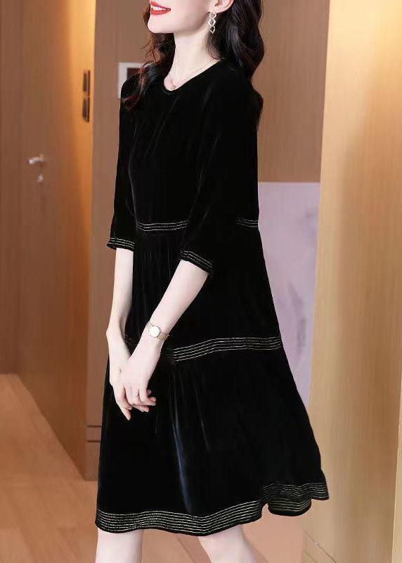Plus Size Black O-Neck Patchwork Silk Velour Dresses Half Sleeve