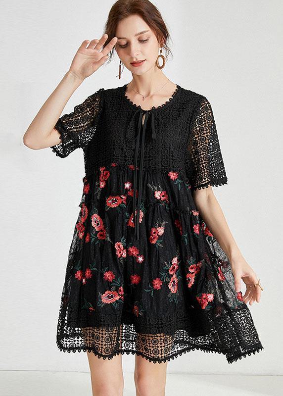 Plus Size Black O-Neck Patchwork Summer Lace Holiday Dress - SooLinen