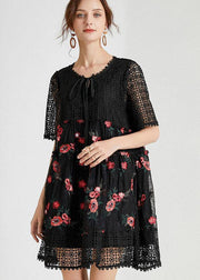Plus Size Black O-Neck Patchwork Summer Lace Holiday Dress - SooLinen
