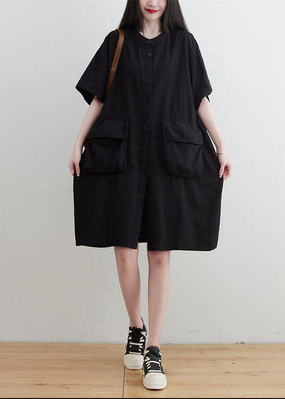 Plus Size Black O-Neck Pockets Button Linen Dresses Short Sleeve
