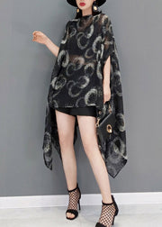 Plus Size Black O-Neck Print Chiffon Dress Batwing Sleeve
