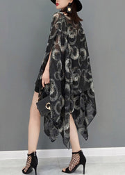 Plus Size Black O-Neck Print Chiffon Dress Batwing Sleeve