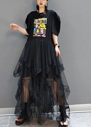 Plus Size Black O-Neck Print Half Sleeve Fall Dresses - SooLinen