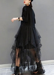 Plus Size Black O-Neck Print Half Sleeve Fall Dresses - SooLinen