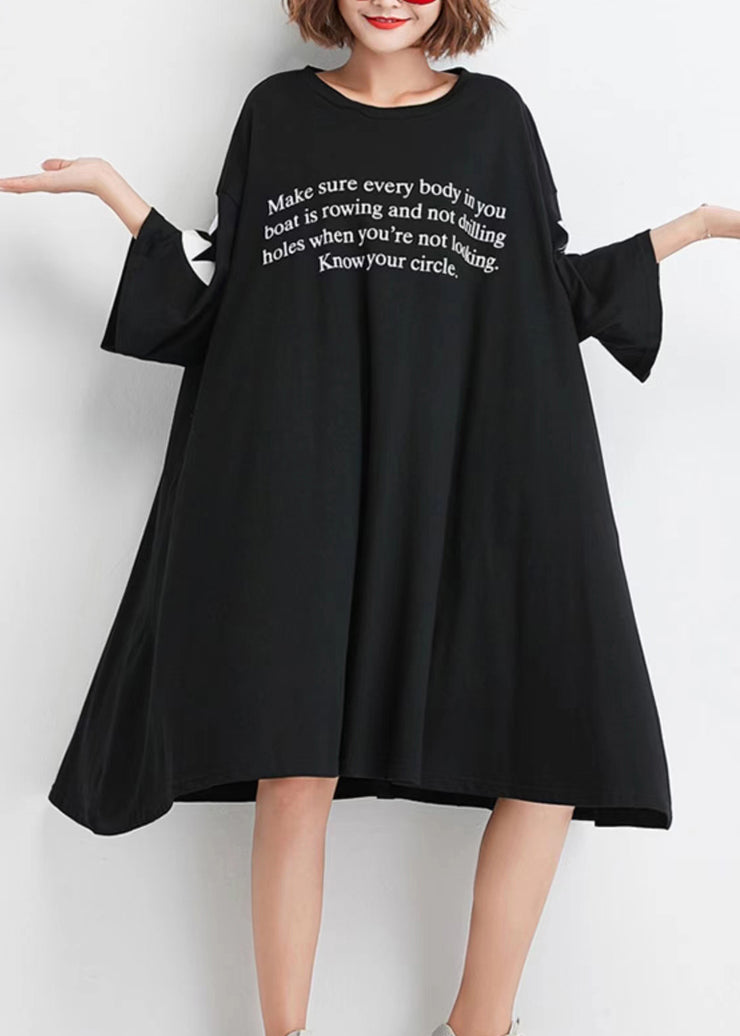 Plus Size Black O Neck Print Patchwork Cotton Dresses Half Sleeve
