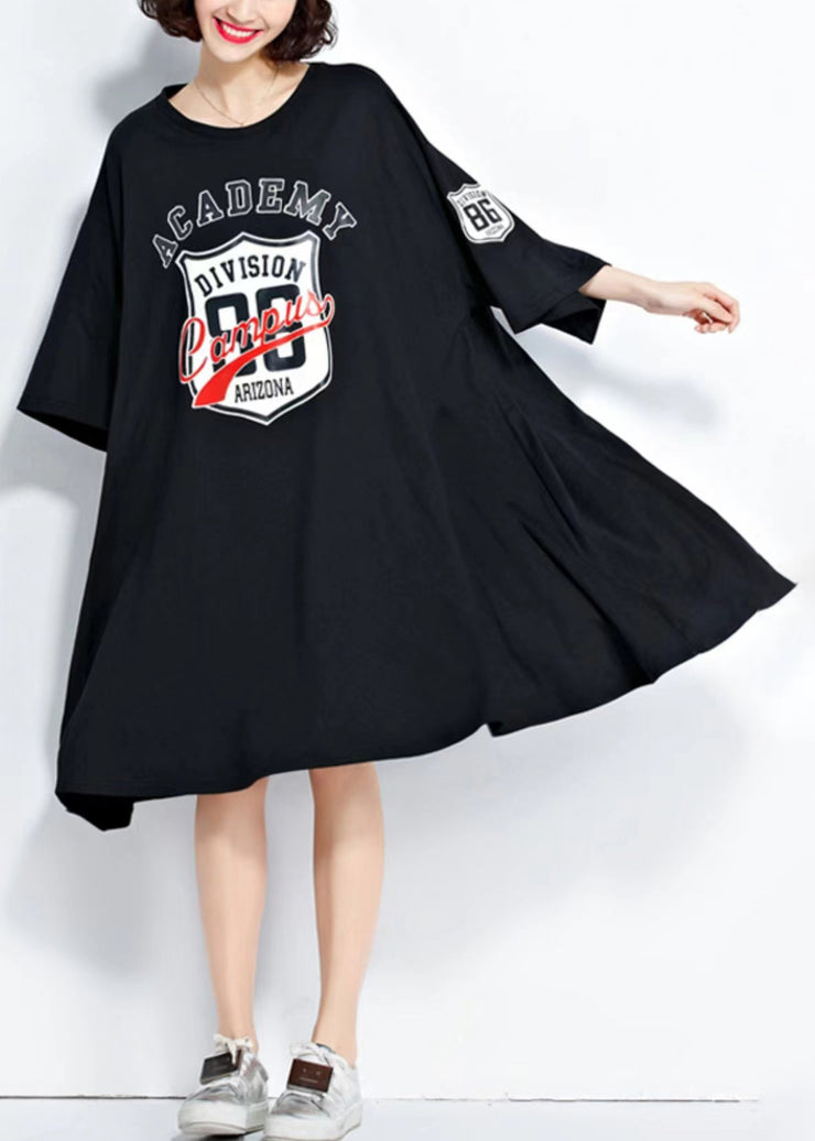 Plus Size Black O Neck Print Patchwork Cotton Mid Dress Summer