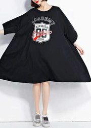 Plus Size Black O Neck Print Patchwork Cotton Mid Dress Summer