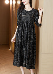 Plus Size Black O-Neck Print Silk Robe Dresses Spring