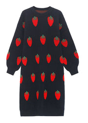 Plus Size Black O-Neck Print cozy Winter Knit Dress