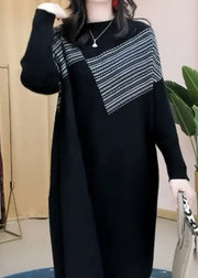 Plus Size Black O-Neck Striped Patchwork thick Knit Mid Dress Long Sleeve
