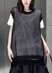 Plus Size Black O Neck Tasseled Patchwork Knitting Cotton Waistcoat Sleeveless