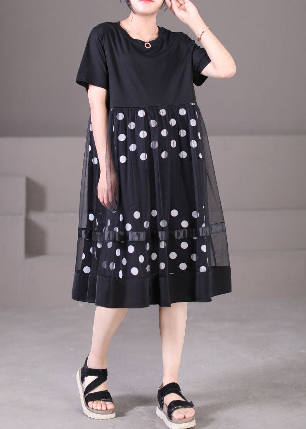Plus Size Black O-Neck Tulle Patchwork Dot Print Cotton Maxi Dress Short Sleeve