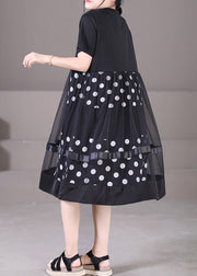 Plus Size Black O-Neck Tulle Patchwork Dot Print Cotton Maxi Dress Short Sleeve