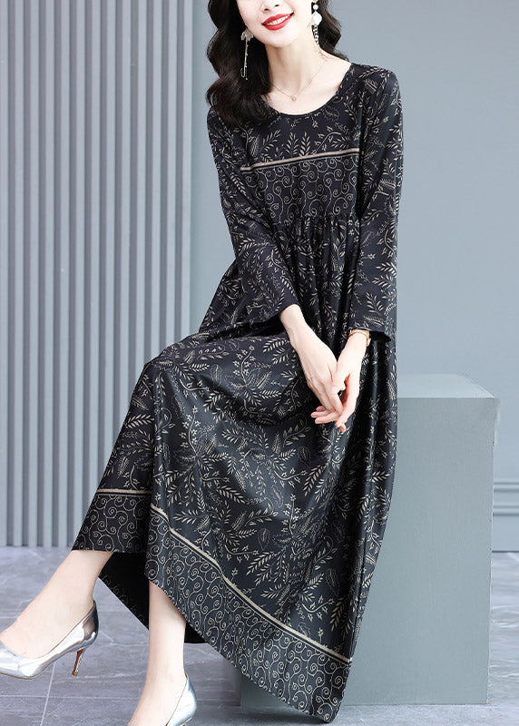Plus Size Black O-Neck Wrinkled Print Silk Long Dress Long Sleeve