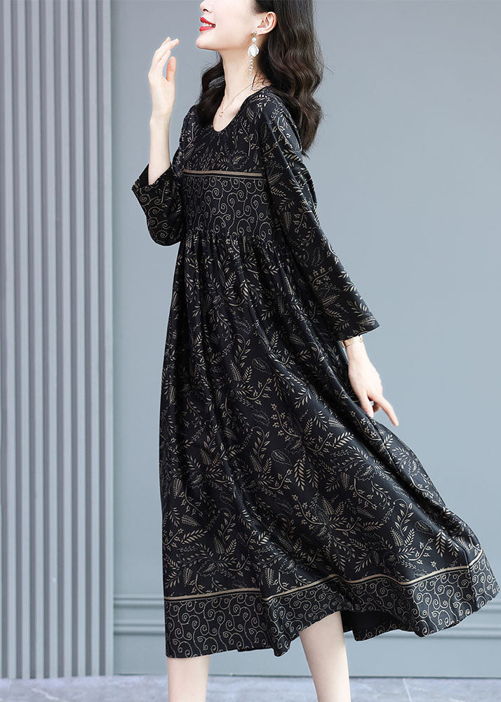 Plus Size Black O-Neck Wrinkled Print Silk Long Dress Long Sleeve