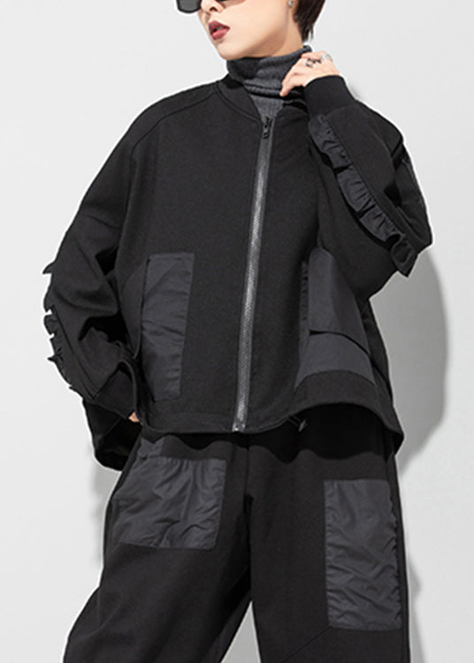 Plus Size Black O-Neck Zippered Pockets Patchwork Coat Long Sleeve