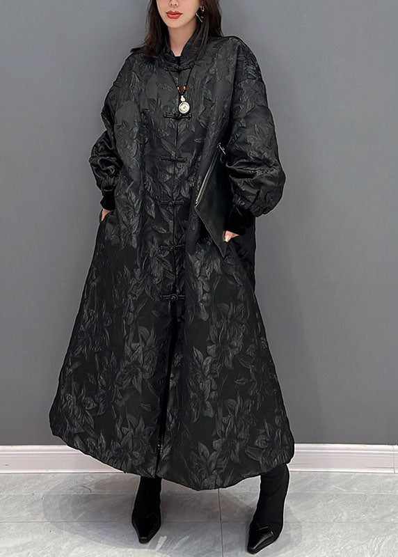Plus Size Black Oriental Button Jacquard Spandex Coats Fall