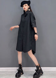 Plus Size Black Original Design Peter Pan Collar Tulle Patchwork Cotton Shirt Dresses Long Sleeve