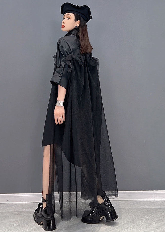 Plus Size Black Original Design Peter Pan Collar Tulle Patchwork Cotton Shirt Dresses Long Sleeve