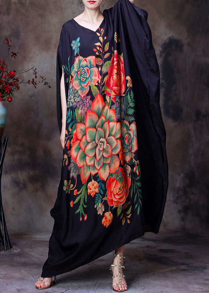 Plus Size Black Original Design V Neck Floral Print Silk Long Dress Batwing Sleeve