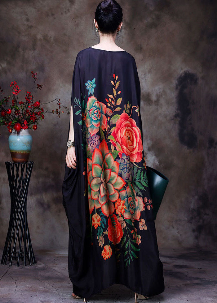 Plus Size Schwarzes, originelles Design mit V-Ausschnitt, Blumendruck, langes Seidenkleid mit Fledermausärmeln