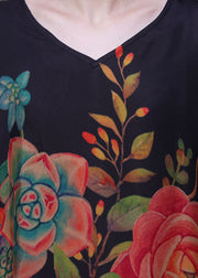 Plus Size Schwarzes, originelles Design mit V-Ausschnitt, Blumendruck, langes Seidenkleid mit Fledermausärmeln