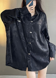 Plus Size Black Oversized Jacquard Silk Shirt Tops Fall