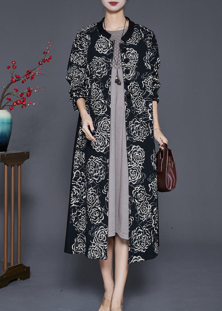 Plus Size Black Oversized Patchwork Print Cotton Trench Fall