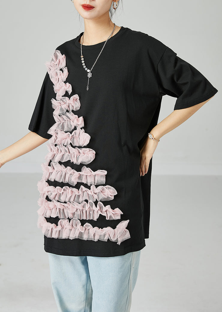 Plus Size Black Oversized Patchwork Ruffled Cotton Top Summer
