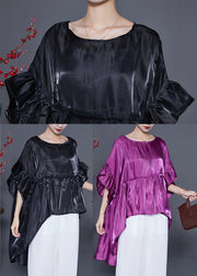 Plus Size Black Oversized Patchwork Silk Shirt Top Summer