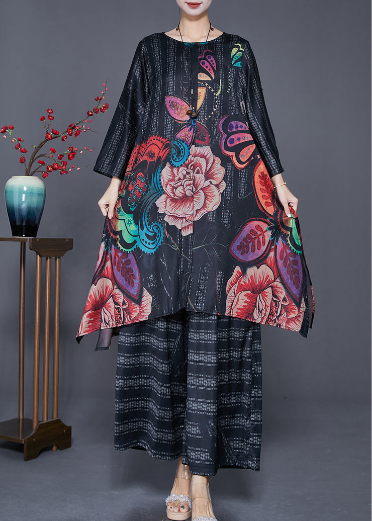 Plus Size Black Oversized Print Side Open Silk Two Pieces Set Summer