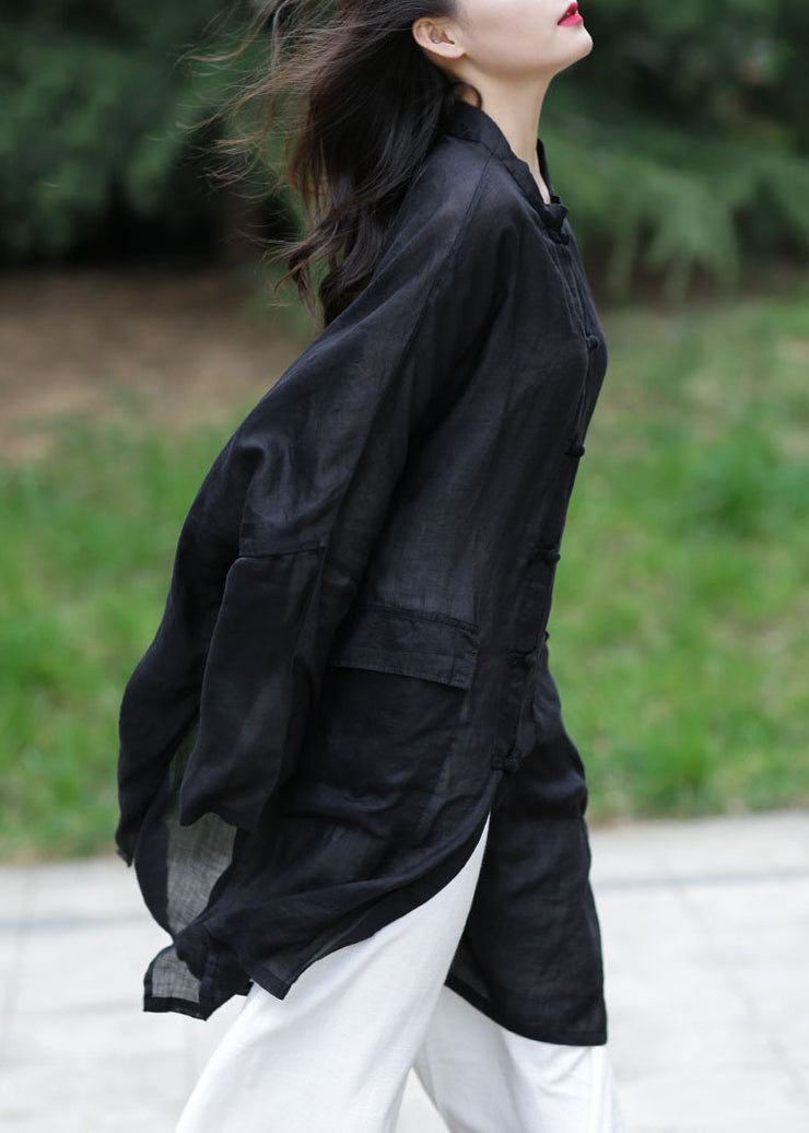 Plus Size Black Oversized Side Open Linen UPF 50+ Long Shirt Spring