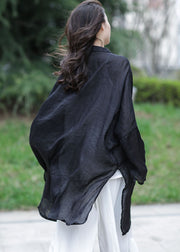 Plus Size Black Oversized Side Open Linen UPF 50+ Long Shirt Spring