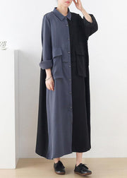 Plus Size Black Patchwork Blue Button Chiffon Spring Dress - SooLinen