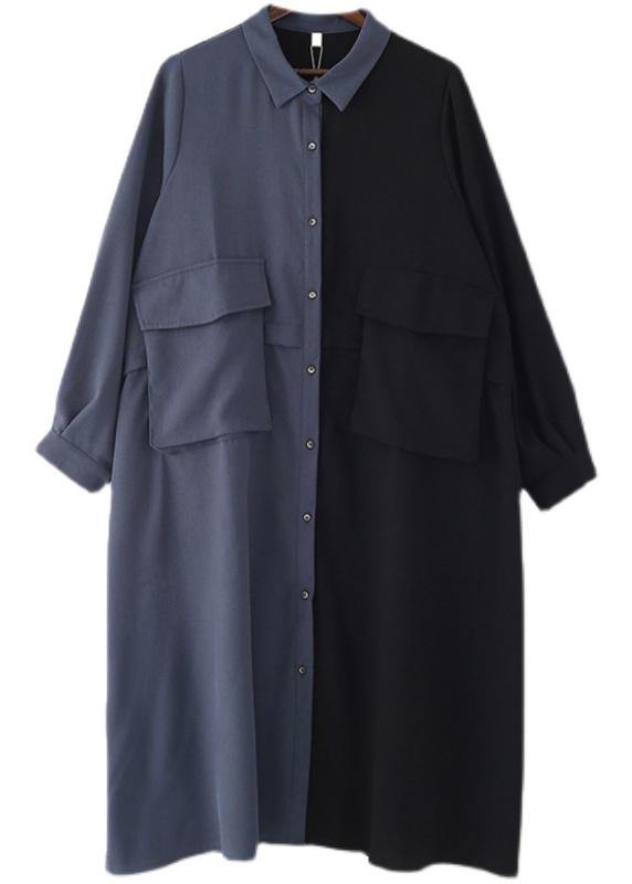 Plus Size Black Patchwork Blue Button Chiffon Spring Dress - SooLinen