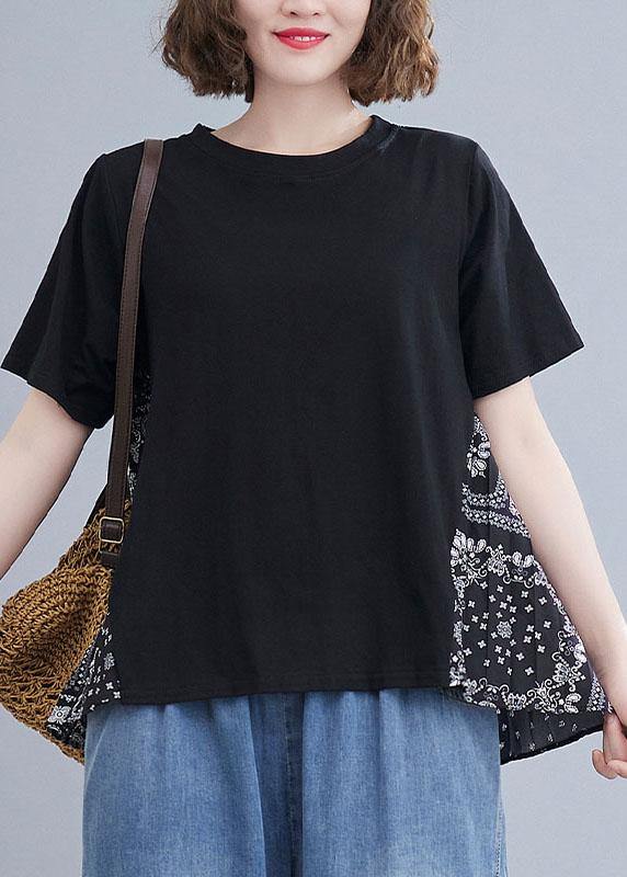 Plus Size Black Patchwork Print O-Neck Cotton Tops Summer - SooLinen
