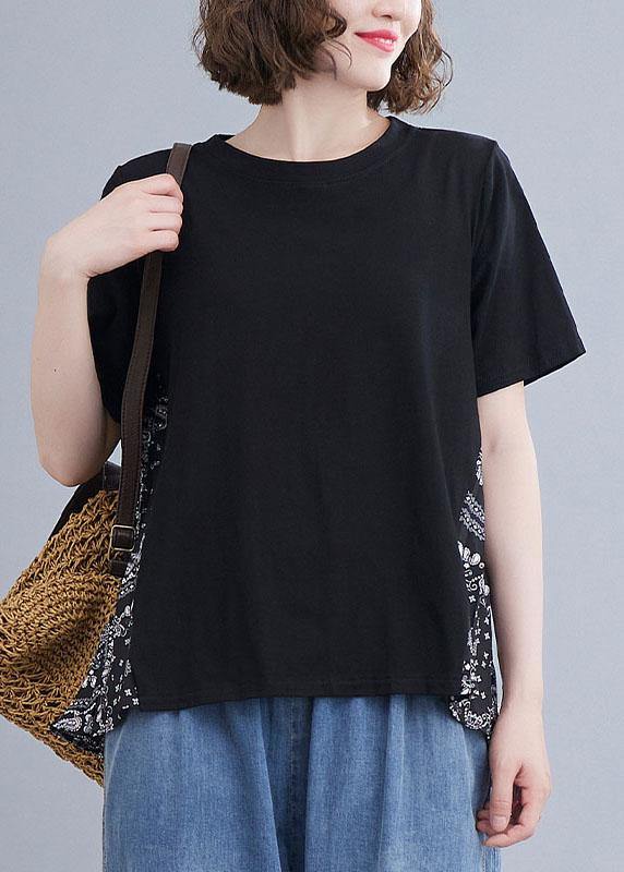 Plus Size Black Patchwork Print O-Neck Cotton Tops Summer - SooLinen