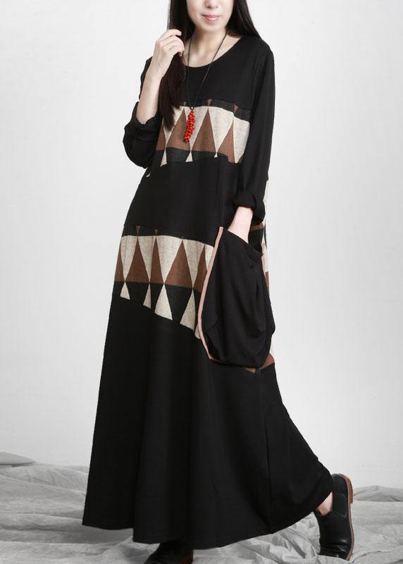 Plus Size Black Patchwork Print Pockets Asymmetrical Design Maxi Dress Fall - SooLinen