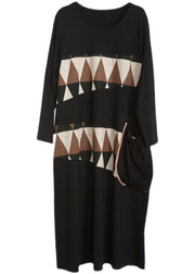 Plus Size Black Patchwork Print Pockets Asymmetrical Design Maxi Dress Fall - SooLinen